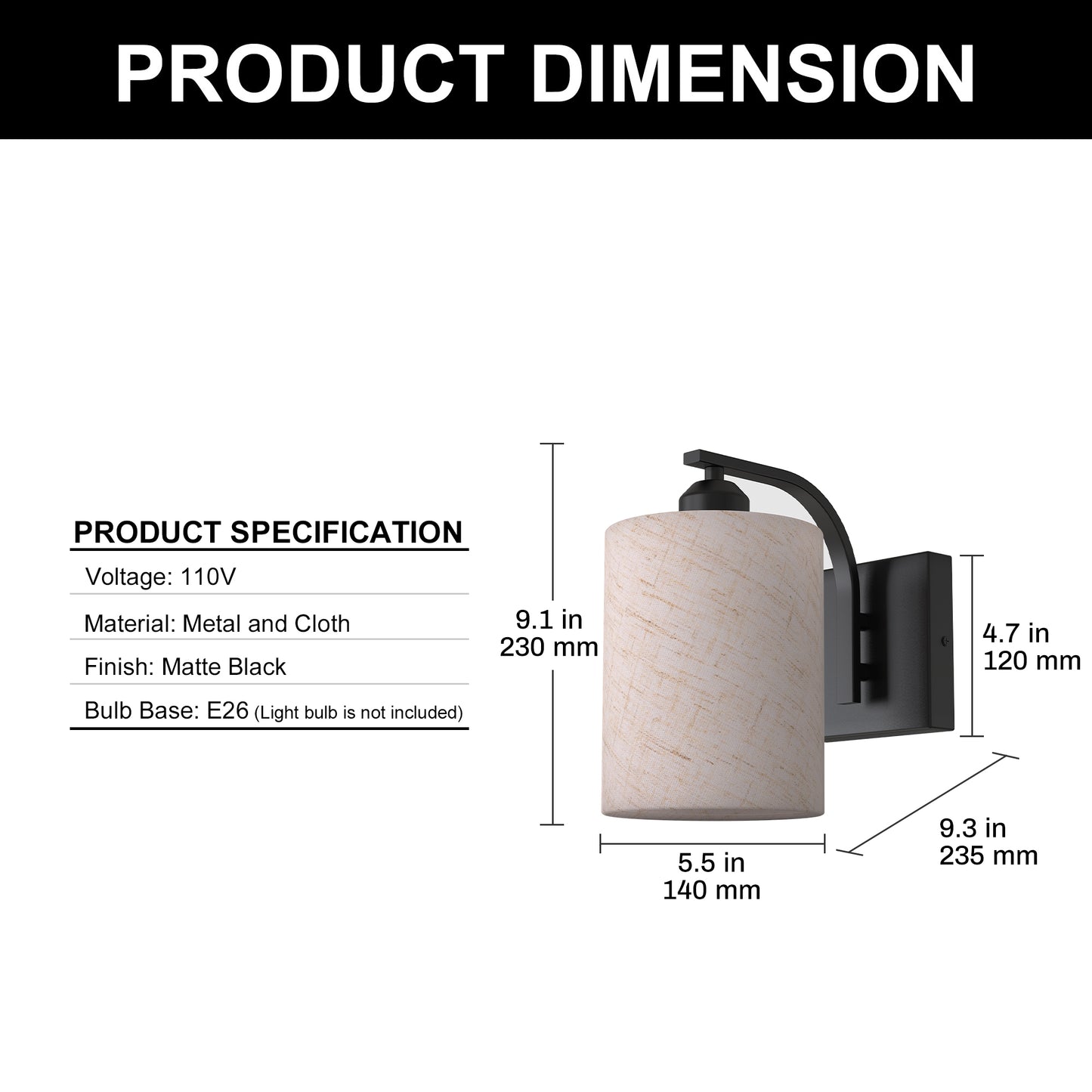 YANSUN 2-Pack Modern Farmhouse Wall Sconce with Fabric Shade Matte Black E26 Indoor Wall Light for Bedroom Hallway Living Room
