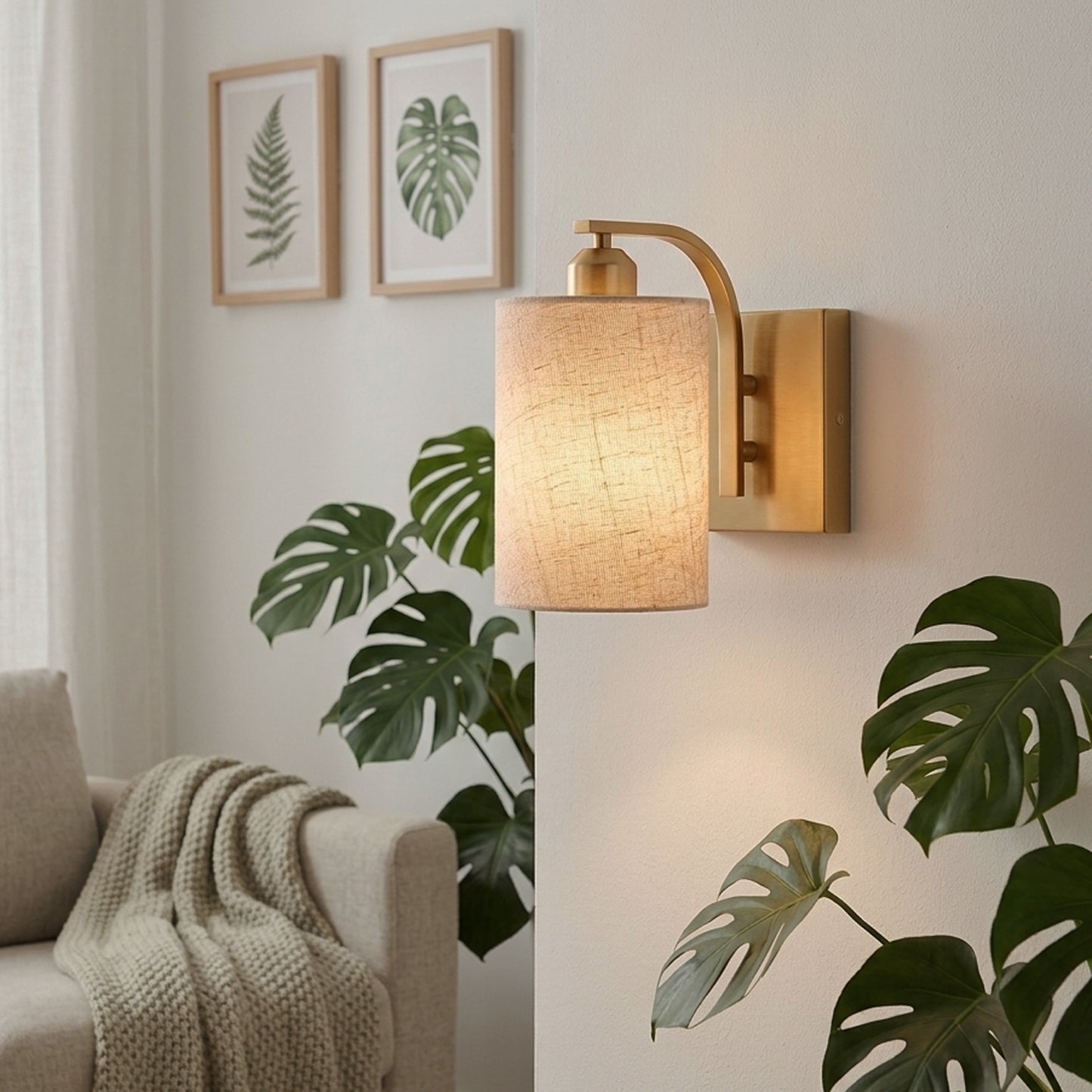 YANSUN Set of 2 Gold Fabric Wall Sconces Modern E26 Indoor Wall Lights with Cylindrical Shade for Bedroom Hallway Living Room