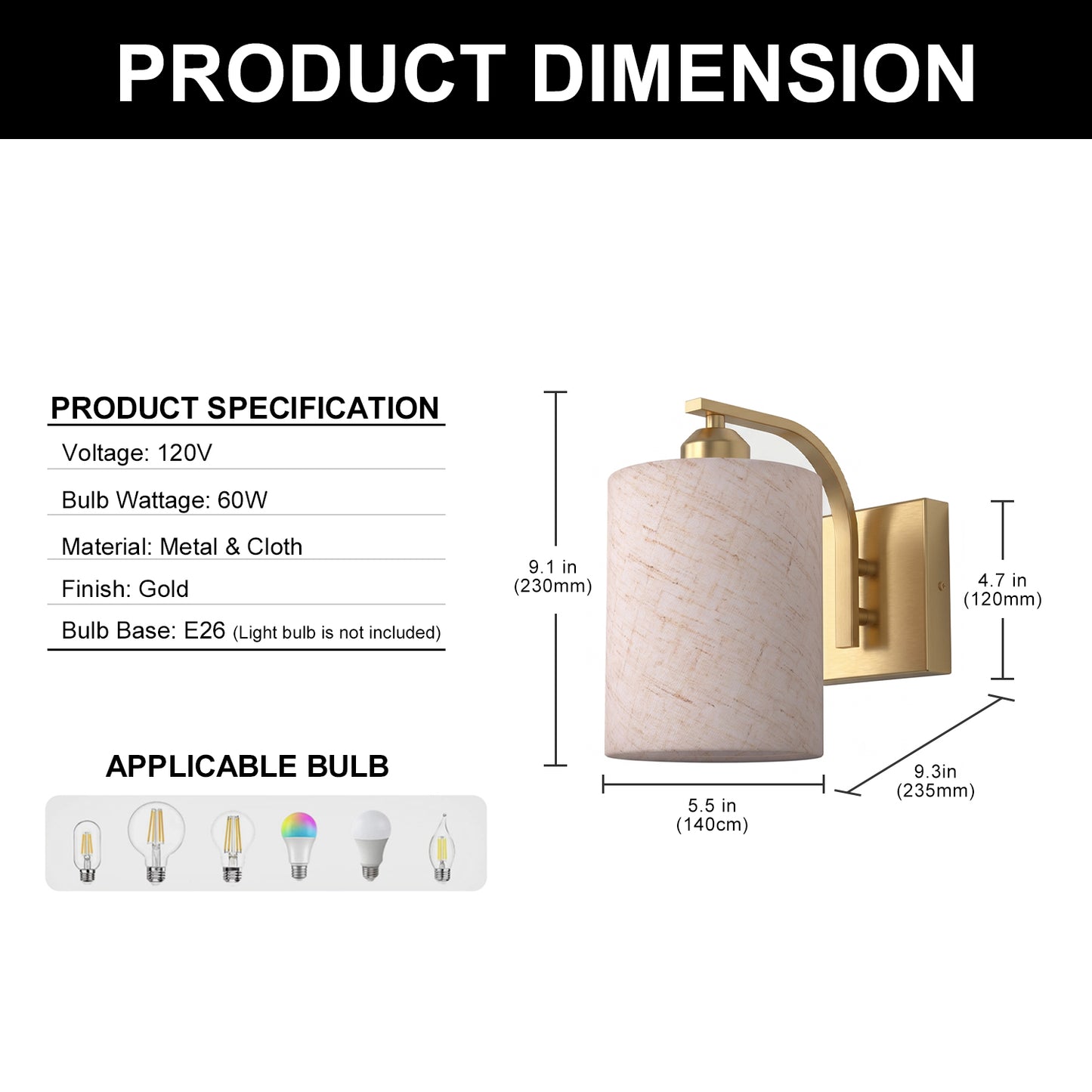 YANSUN Set of 2 Gold Fabric Wall Sconces Modern E26 Indoor Wall Lights with Cylindrical Shade for Bedroom Hallway Living Room