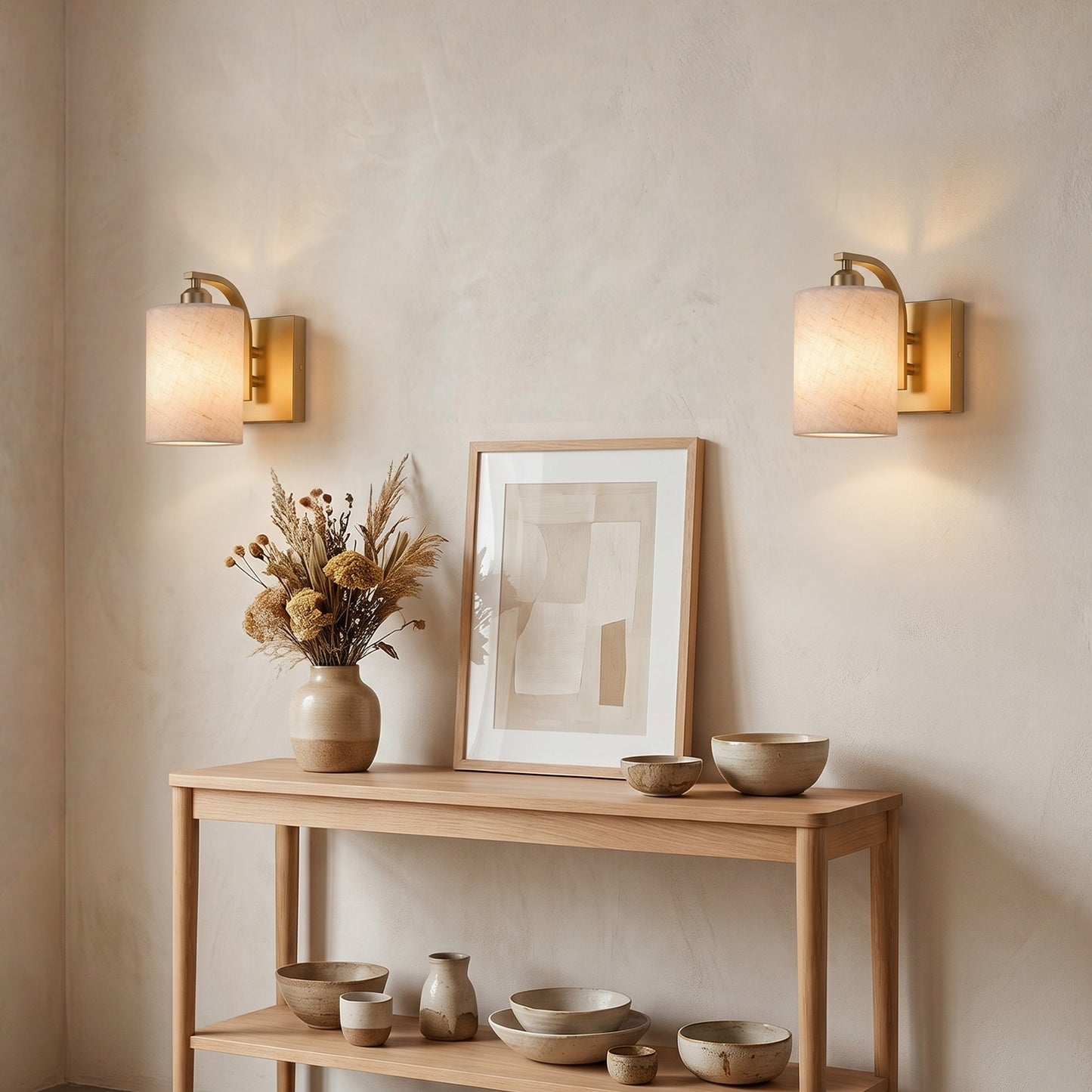 YANSUN Set of 2 Gold Fabric Wall Sconces Modern E26 Indoor Wall Lights with Cylindrical Shade for Bedroom Hallway Living Room