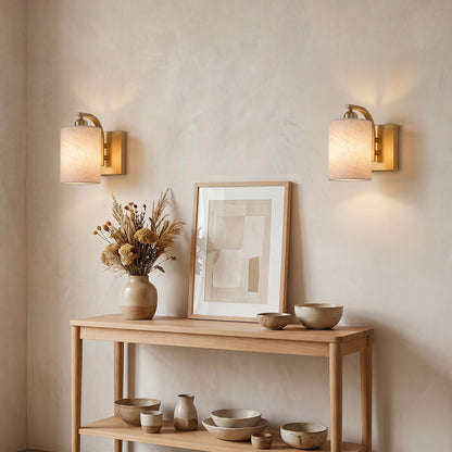 YANSUN Set of 2 Gold Fabric Wall Sconces Modern E26 Indoor Wall Lights with Cylindrical Shade for Bedroom Hallway Living Room