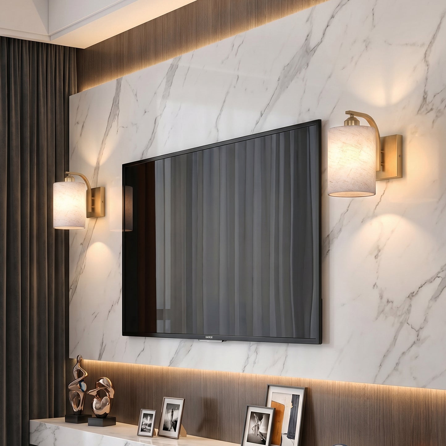 YANSUN Set of 2 Gold Fabric Wall Sconces Modern E26 Indoor Wall Lights with Cylindrical Shade for Bedroom Hallway Living Room