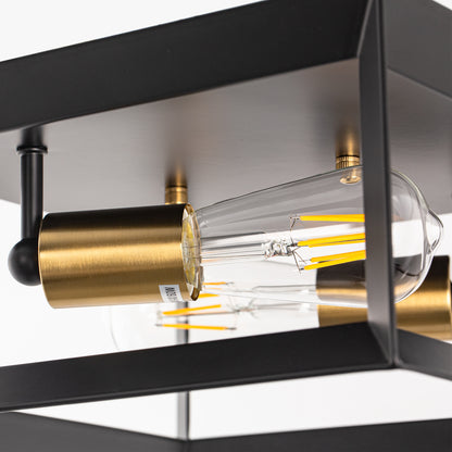 11.41 in. 2-Light Black and Gold Farmhouse Caged Square Flush Mount Industrial Vintage Ceiling Lighting