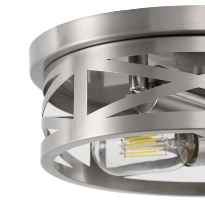 11 in. 2-Light Nickel Farmhouse Flush Mount with Drum Metal Cage Shade for Entryway Bedroom