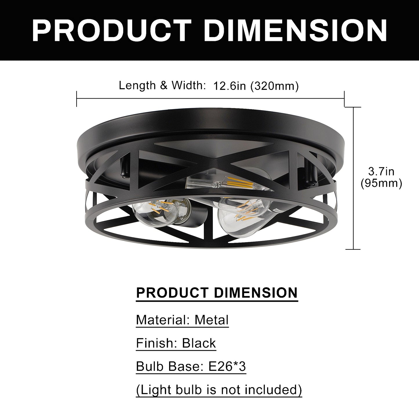 YANSUN 12.6 in. 3-Light Black Metal Drum Flush Mount Lighting with No Bulbs Included 1-Pack