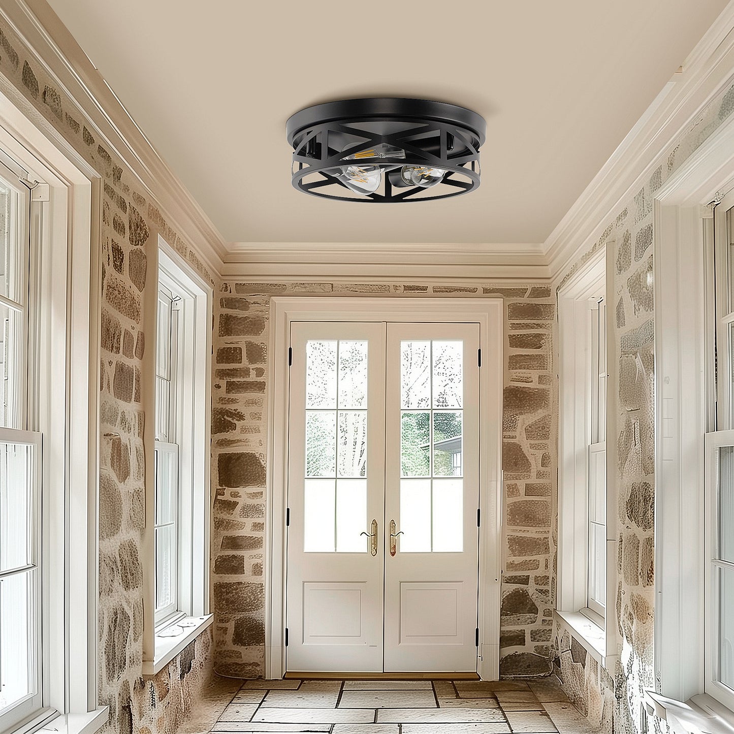 YANSUN 12.6 in. 3-Light Black Metal Drum Flush Mount Lighting with No Bulbs Included 1-Pack