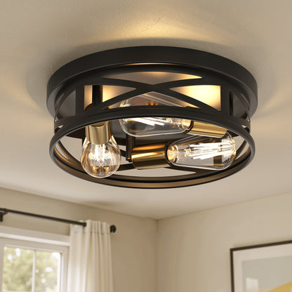 YANSUN 3-Light Matte Black and Antique Brass Semi Flush Mount Ceiling Light Modern Geometric Round Ceiling Fixture E26