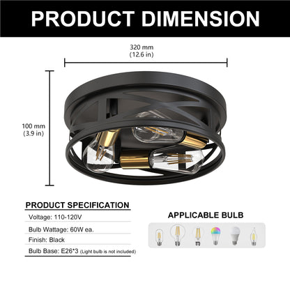 YANSUN 3-Light Matte Black and Antique Brass Semi Flush Mount Ceiling Light Modern Geometric Round Ceiling Fixture E26