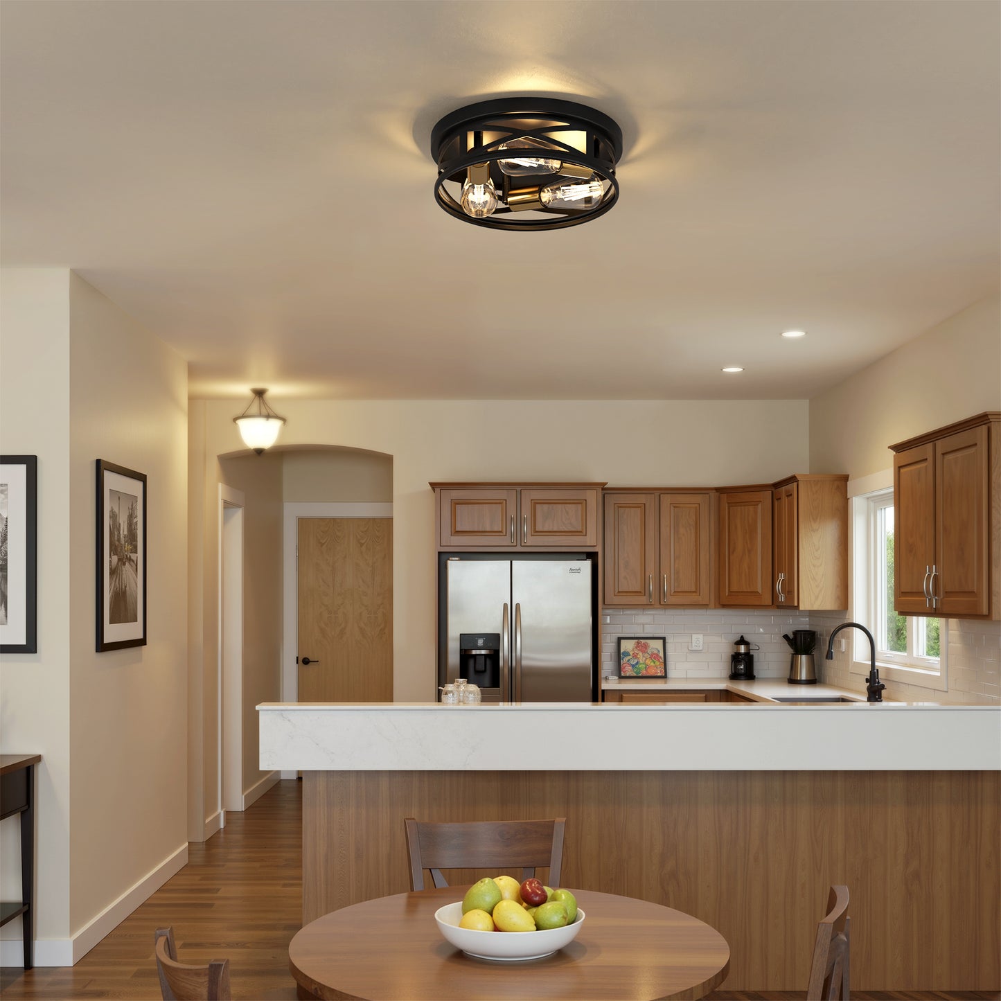 YANSUN 3-Light Matte Black and Antique Brass Semi Flush Mount Ceiling Light Modern Geometric Round Ceiling Fixture E26