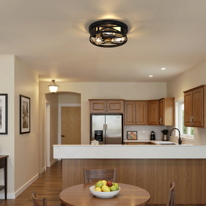YANSUN 3-Light Matte Black and Antique Brass Semi Flush Mount Ceiling Light Modern Geometric Round Ceiling Fixture E26