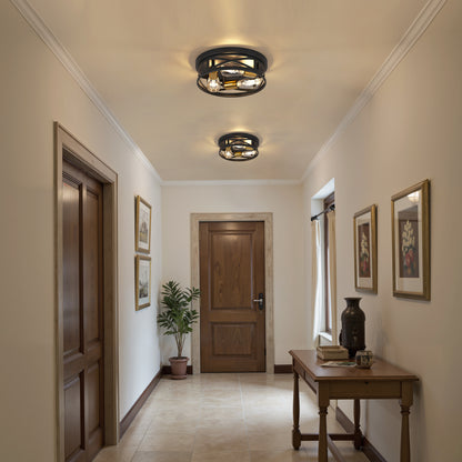 YANSUN 3-Light Matte Black and Antique Brass Semi Flush Mount Ceiling Light Modern Geometric Round Ceiling Fixture E26