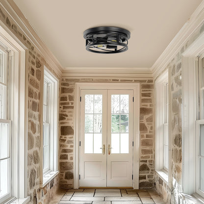 10.6 in. 2-Light Black Farmhouse Flush Mount with Drum Metal Cage Shade for Entryway Bedroom(2-Pack)