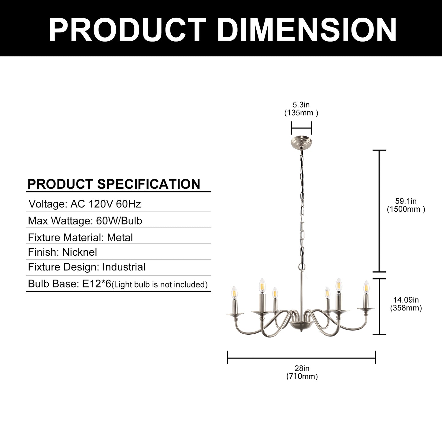 6-Light Nickel Candle Rustic Industrial Iron Chandeliers for Dining Room Living Room