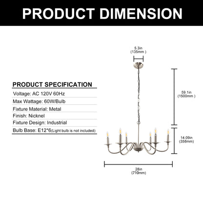 6-Light Nickel Candle Rustic Industrial Iron Chandeliers for Dining Room Living Room