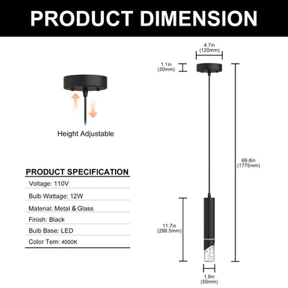 3-Pack1-Light 12W  Black Integrated LED Chandeliers with Crystal Shade, Indoor Decorative Hanging Light Fixture 4000K