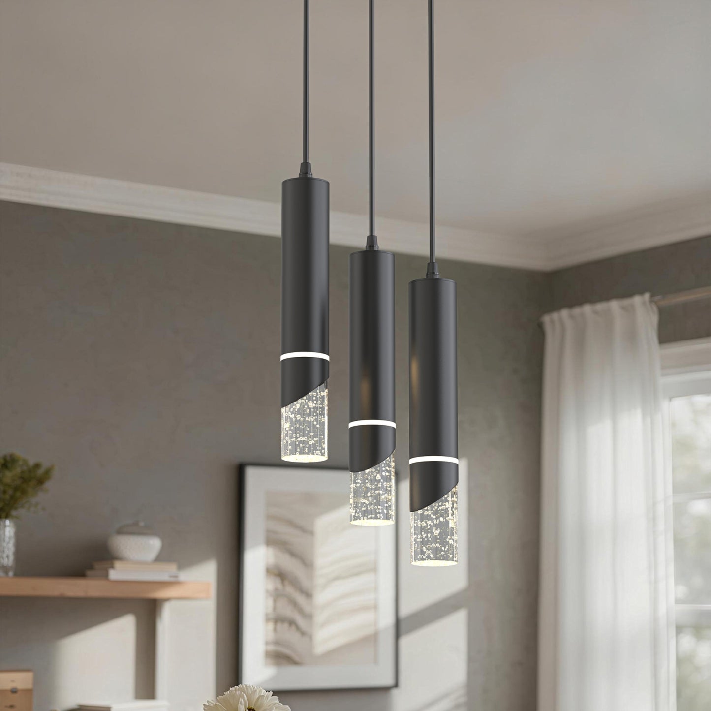 YANSUN 3-Light Crystal Chandelier with Integrated LED, Large Round Ceiling Plate, 4000K Neutral White, Sand Black Finish