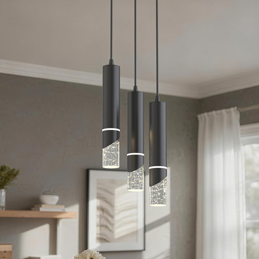 YANSUN 3-Light Crystal Chandelier with Integrated LED, Large Round Ceiling Plate, 4000K Neutral White, Sand Black Finish