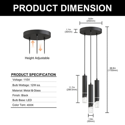 YANSUN 3-Light Crystal Chandelier with Integrated LED, Large Round Ceiling Plate, 4000K Neutral White, Sand Black Finish