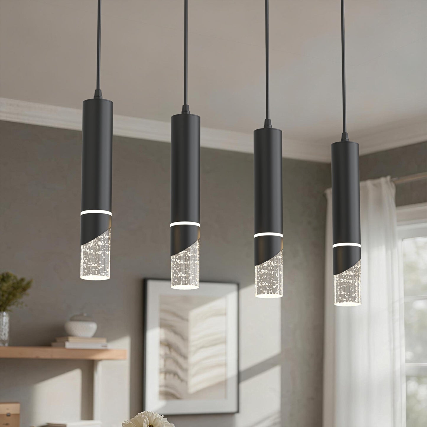 YANSUN 4-Light Rectangular Crystal Chandelier with Integrated LED, 4000K Neutral White, Sand Black Finish, 23.4"x4.5" Plate