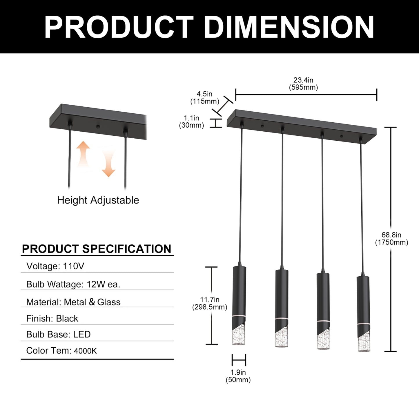 YANSUN 4-Light Rectangular Crystal Chandelier with Integrated LED, 4000K Neutral White, Sand Black Finish, 23.4"x4.5" Plate