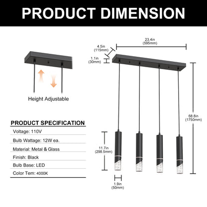 YANSUN 4-Light Rectangular Crystal Chandelier with Integrated LED, 4000K Neutral White, Sand Black Finish, 23.4"x4.5" Plate