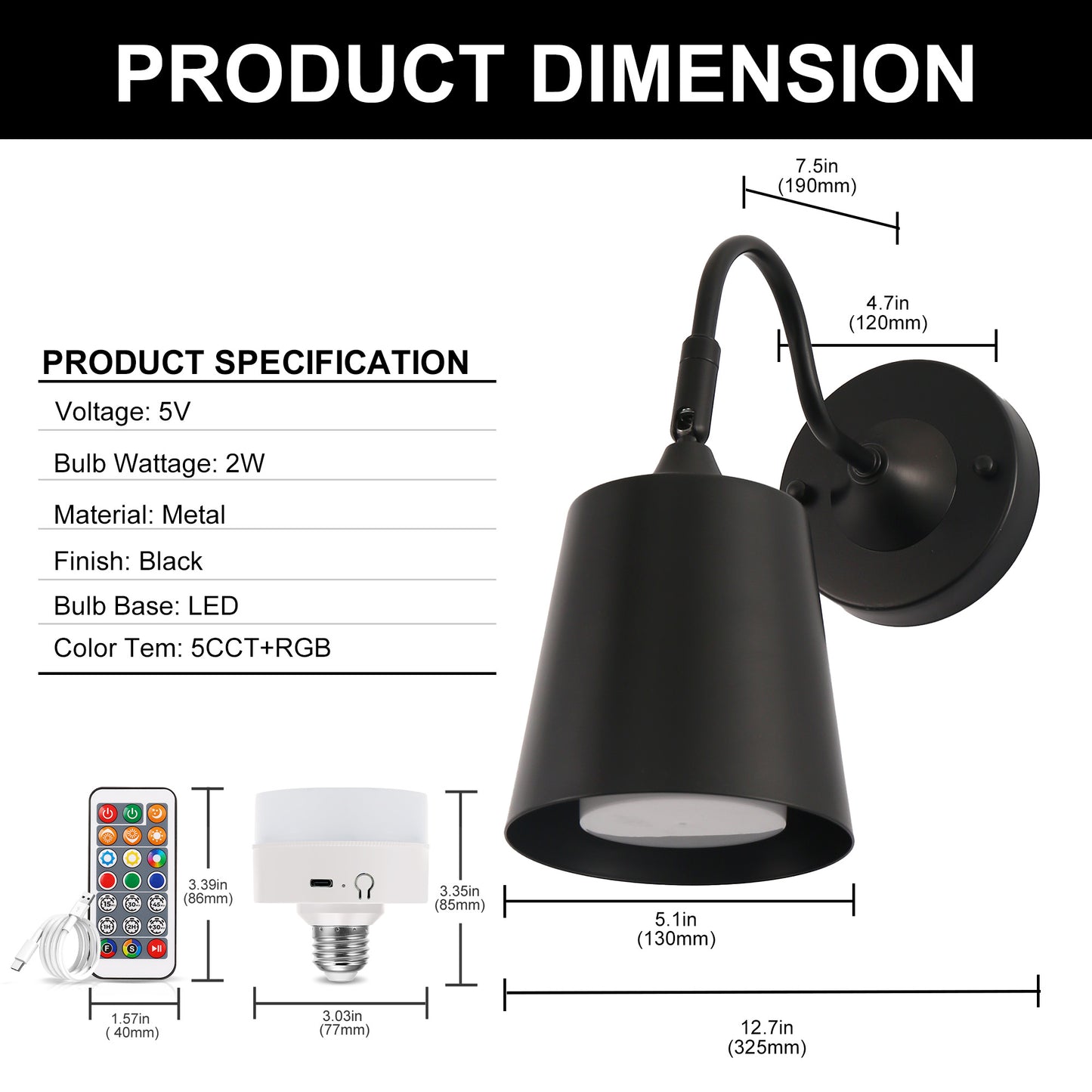 YANSUN 1-Light Black Plug-in Wall Sconce with Metal Bell Shade and E26 Base (2-Pack, Bulbs Included)
