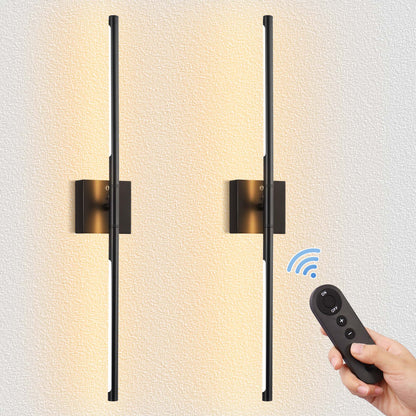 2-Light Black LED Wall Sconce with Remote Control, Wireless Installation, USB Charging, Wall Decor Set of 2