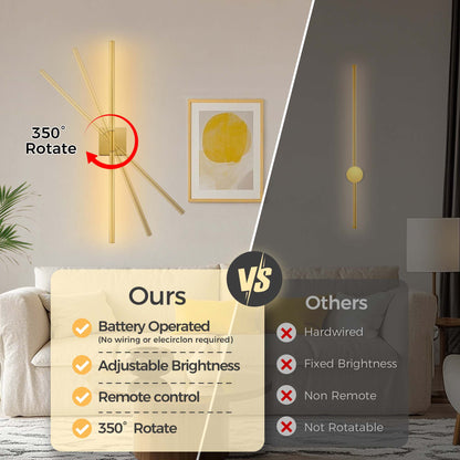 2-Light Gold Dimmable LED Wall Sconce with Remote Control, Wireless Installation, USB Charging, Wall Decor(2-Pack)