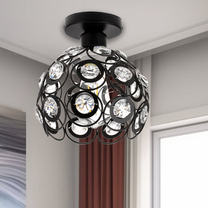 7 in. 1-Light Black Semi Flush Mount Ceiling Light Fixture with Antique Metal Crystal Shade