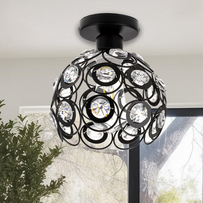 7 in. 1-Light Black Semi Flush Mount Ceiling Light Fixture with Antique Metal Crystal Shade