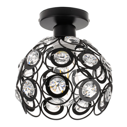 7 in. 1-Light Black Semi Flush Mount Ceiling Light Fixture with Antique Metal Crystal Shade