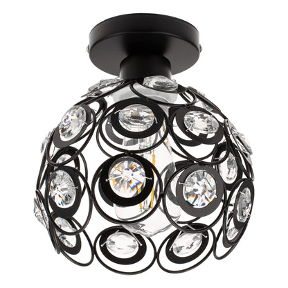 7 in. 1-Light Black Semi Flush Mount Ceiling Light Fixture with Antique Metal Crystal Shade