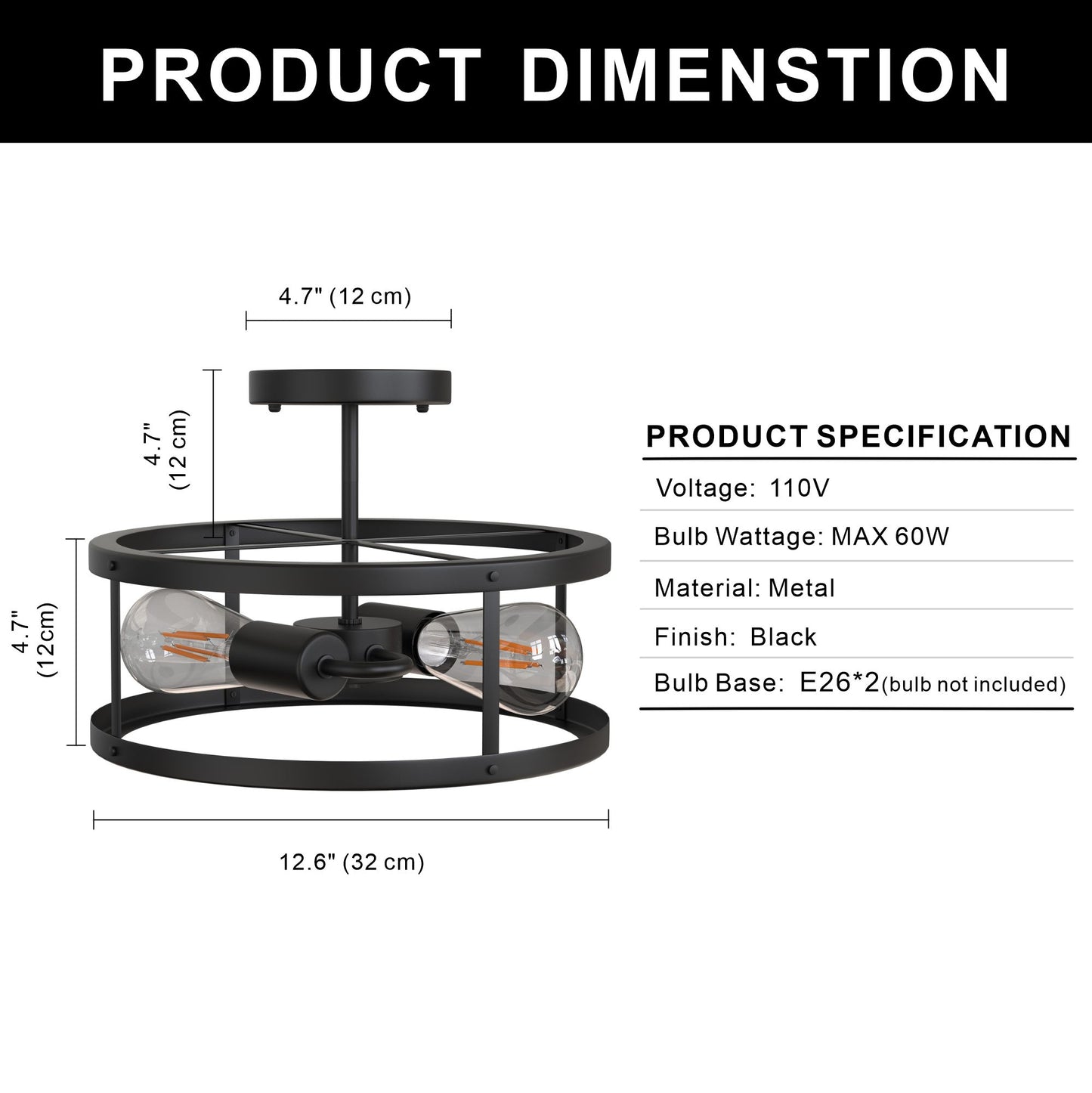 YANSUN 13 in. 2-Light Matte Black Drum Flush Mount Lighting Dimmable Metal Ceiling Light Fixture for Living Rooms