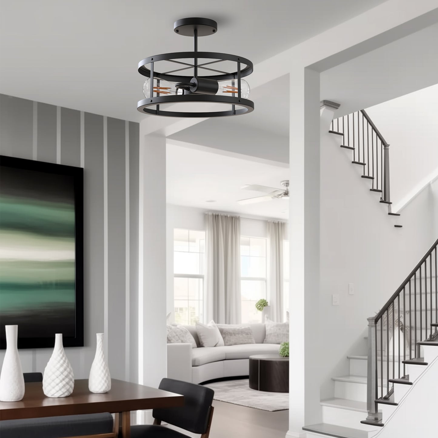 YANSUN 13 in. 2-Light Matte Black Drum Flush Mount Lighting Dimmable Metal Ceiling Light Fixture for Living Rooms