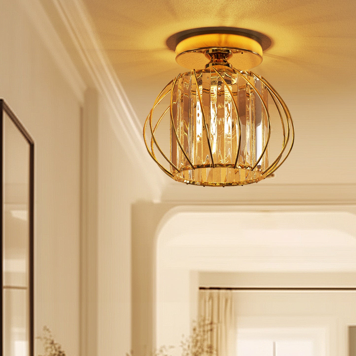 YANSUN 7.1 In. 1-Light Gold Semi-Flush Mount Ceiling Light with Crystal Shade Fixture with E26 Bas for Hallway or Bedroom