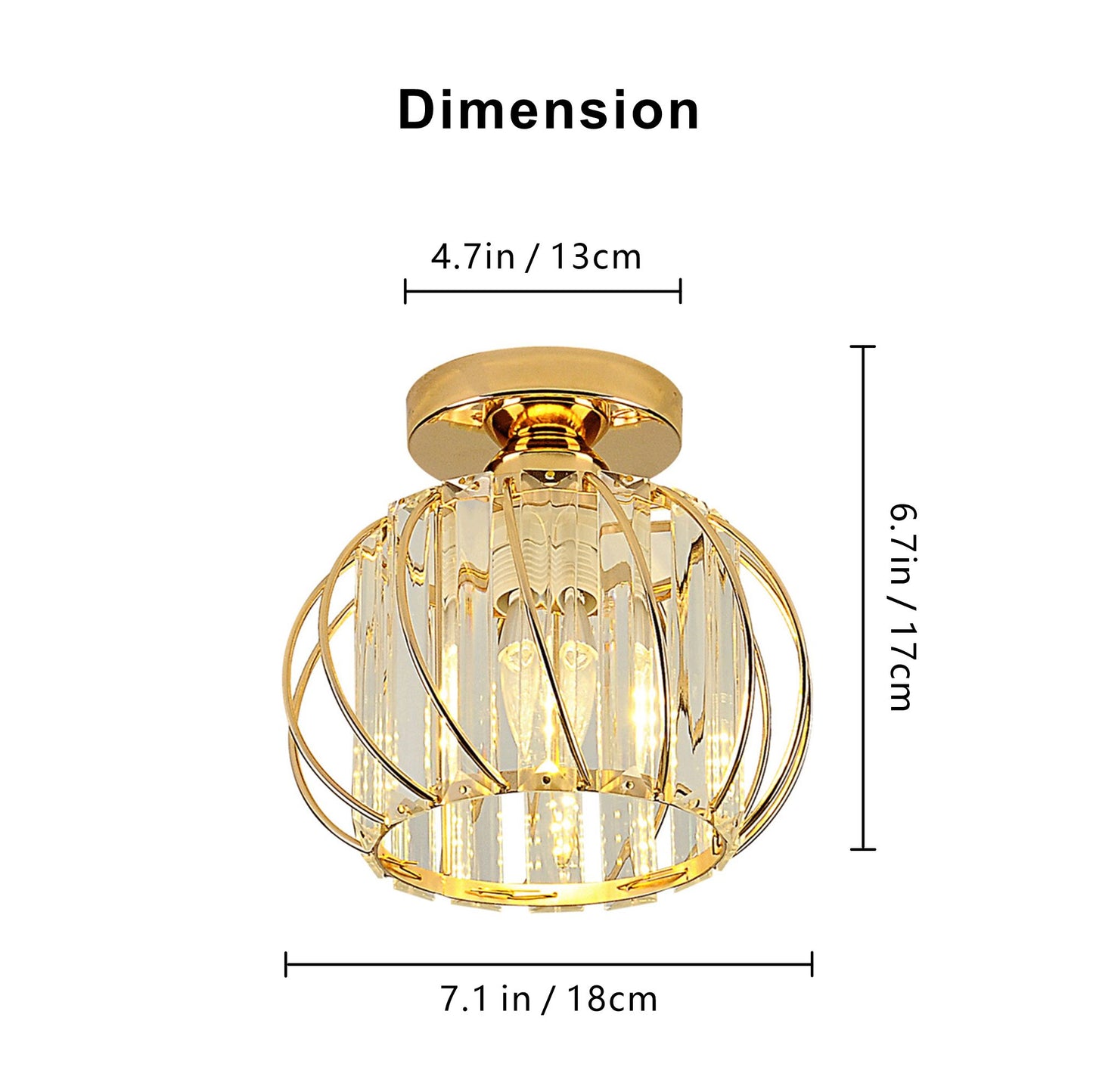 YANSUN 7.1 In. 1-Light Gold Semi-Flush Mount Ceiling Light with Crystal Shade Fixture with E26 Bas for Hallway or Bedroom