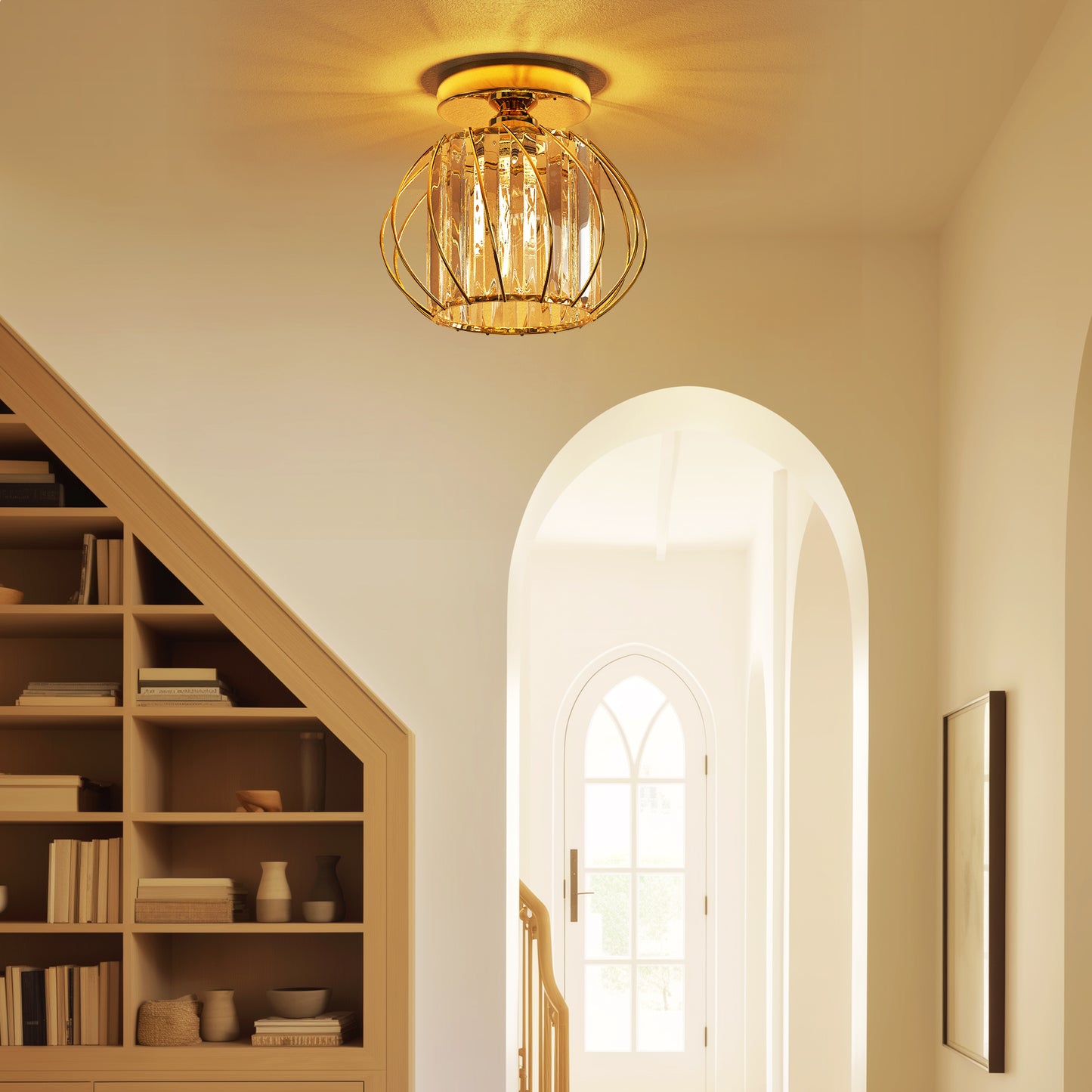 YANSUN 7.1 In. 1-Light Gold Semi-Flush Mount Ceiling Light with Crystal Shade Fixture with E26 Bas for Hallway or Bedroom