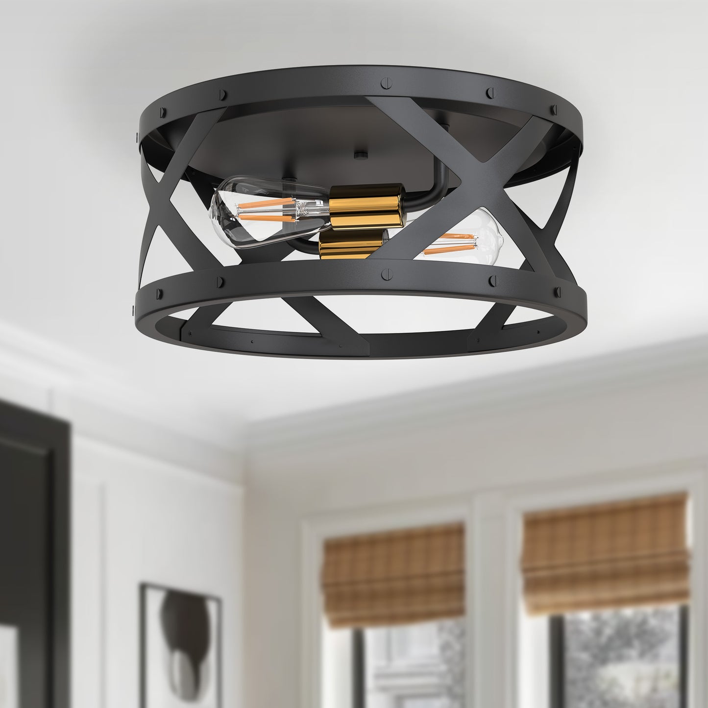 YANSUN 11.8 in. 2-Light Industrial Black and Gold Flush Mount Metal Modern Ceiling Light Fixture with E26 Bulb Not Included