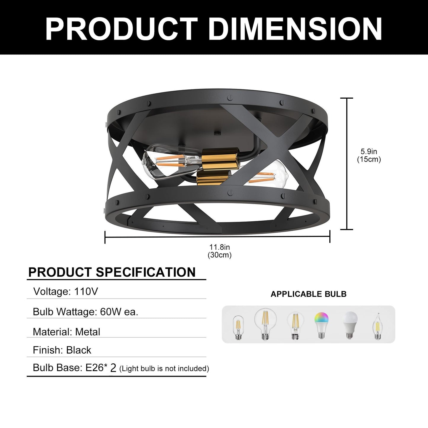 YANSUN 11.8 in. 2-Light Industrial Black and Gold Flush Mount Metal Modern Ceiling Light Fixture with E26 Bulb Not Included