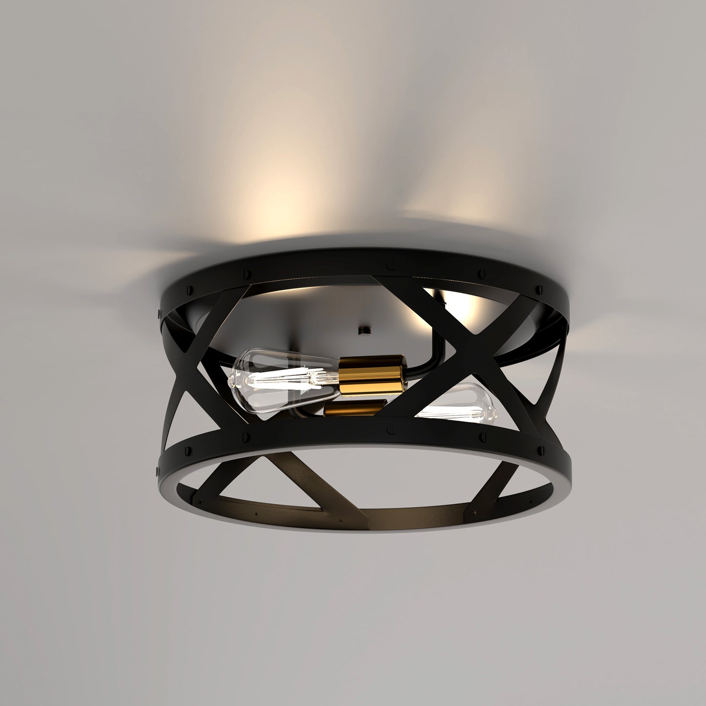 YANSUN 11.8 in. 2-Light Industrial Black and Gold Flush Mount Metal Modern Ceiling Light Fixture with E26 Bulb Not Included