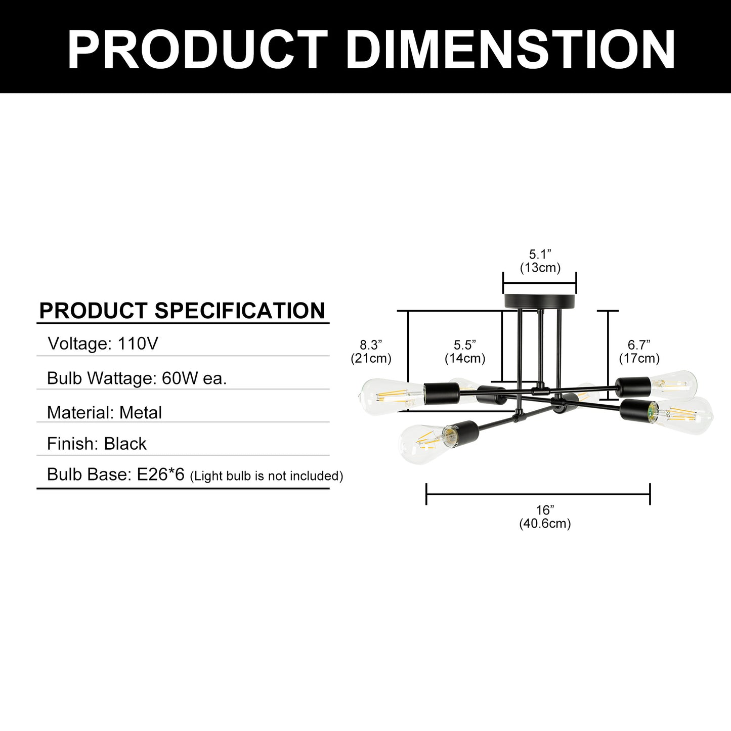 YANSUN 16 in. 6-Light Black Sputnik Modern Linear Semi Flush Mount