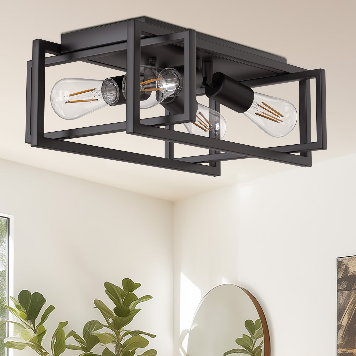 11.41 in. 4-Light Industrial Caged Flush Mount , Metal Black Square Ceiling Light Fixtures for Kitchen Island
