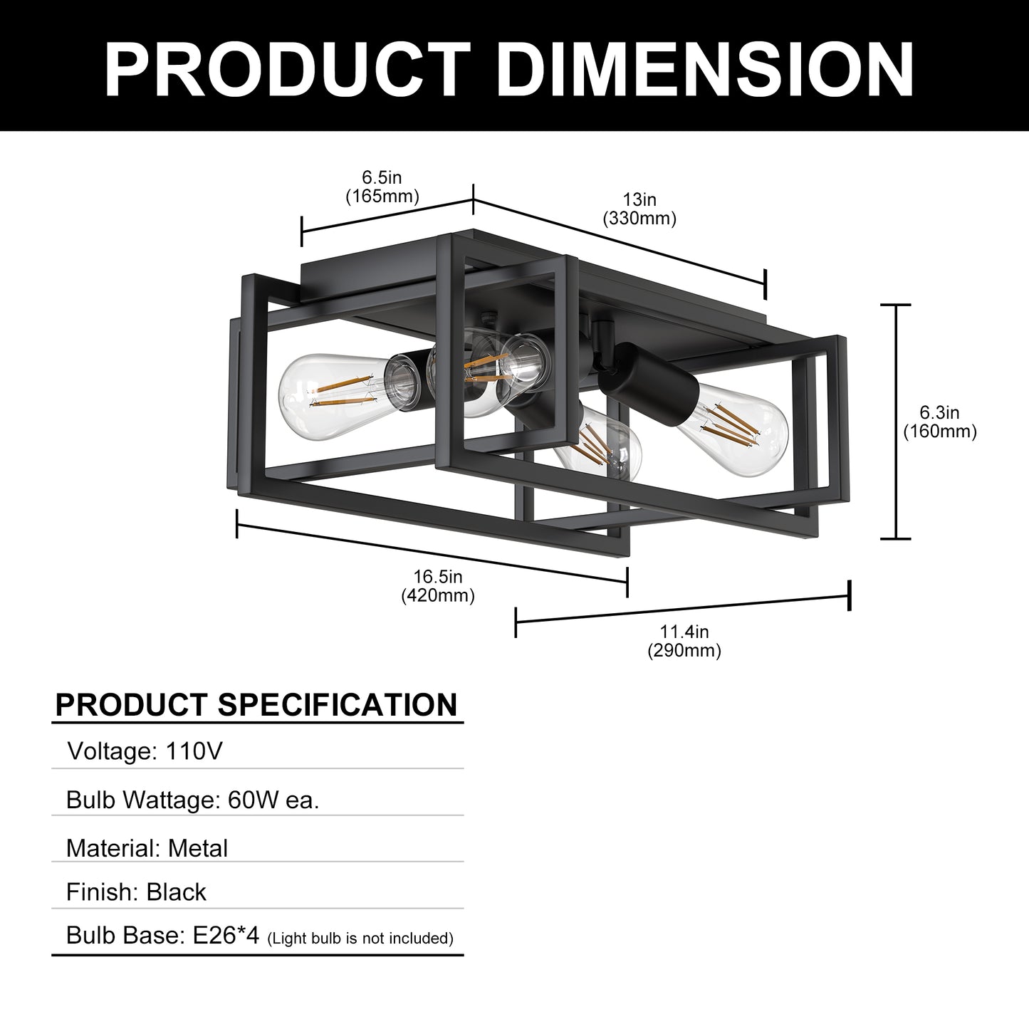 11.41 in. 4-Light Industrial Caged Flush Mount , Metal Black Square Ceiling Light Fixtures for Kitchen Island