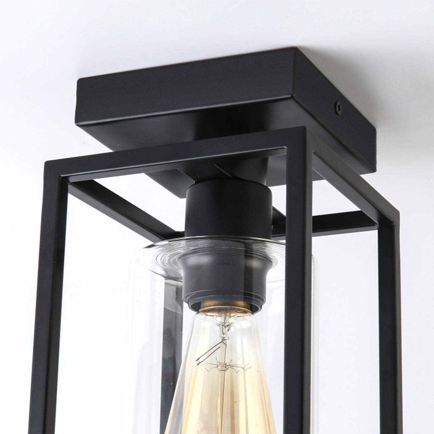 Flush Mount Ceiling Light Fixture, Black Metal Frame Ceiling Light Fixture with Clear Glass Shade, Farmhouse Light Fixture for Kitchen Island Entryway Porch Foyer Dining Room