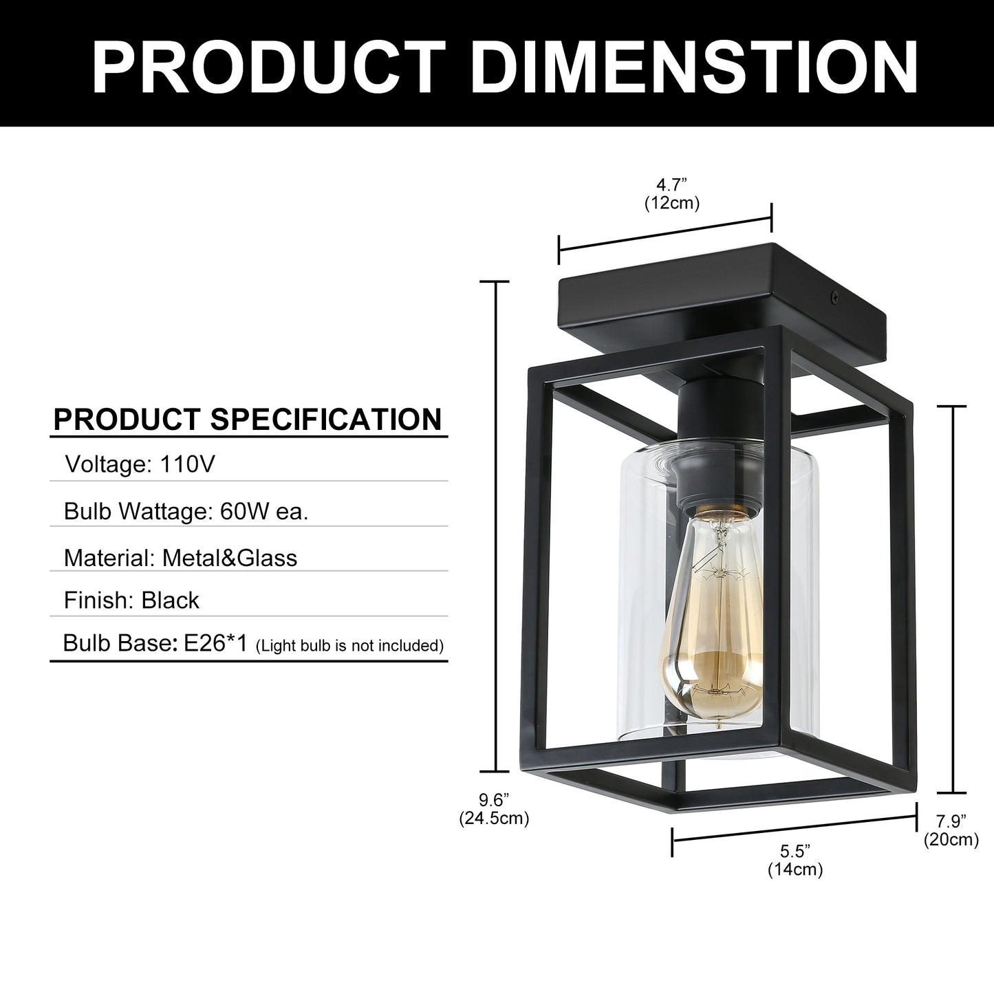 Flush Mount Ceiling Light Fixture, Black Metal Frame Ceiling Light Fixture with Clear Glass Shade, Farmhouse Light Fixture for Kitchen Island Entryway Porch Foyer Dining Room