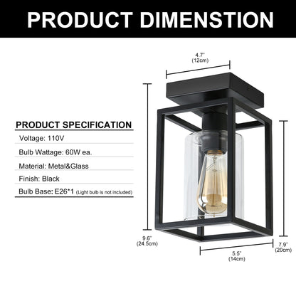 Flush Mount Ceiling Light Fixture, Black Metal Frame Ceiling Light Fixture with Clear Glass Shade, Farmhouse Light Fixture for Kitchen Island Entryway Porch Foyer Dining Room