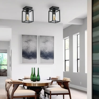 Flush Mount Ceiling Light Fixture, Black Metal Frame Ceiling Light Fixture with Clear Glass Shade, Farmhouse Light Fixture for Kitchen Island Entryway Porch Foyer Dining Room