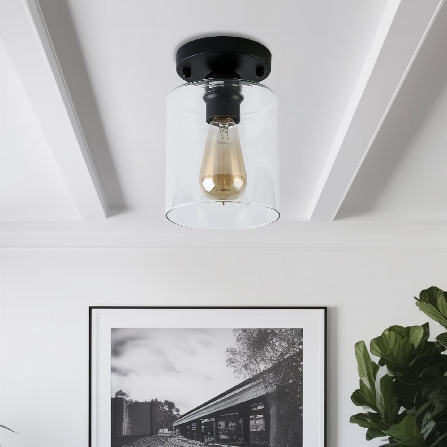 YANSUN Retro 5.51 in. 1-Light Black Vintage Semi-Flush Mount with Clear Glass Shade and No Bulb Included