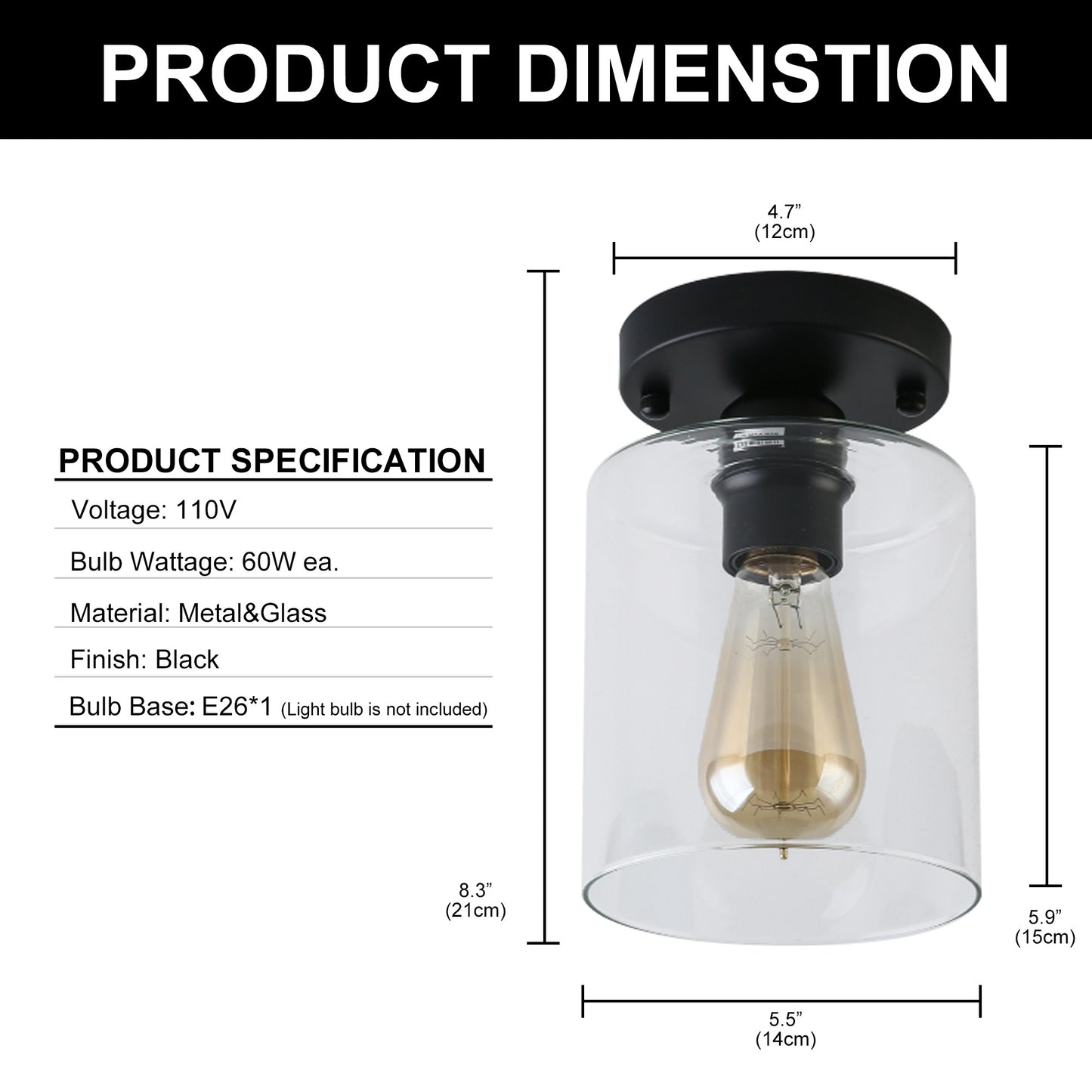 YANSUN Retro 5.51 in. 1-Light Black Vintage Semi-Flush Mount with Clear Glass Shade and No Bulb Included