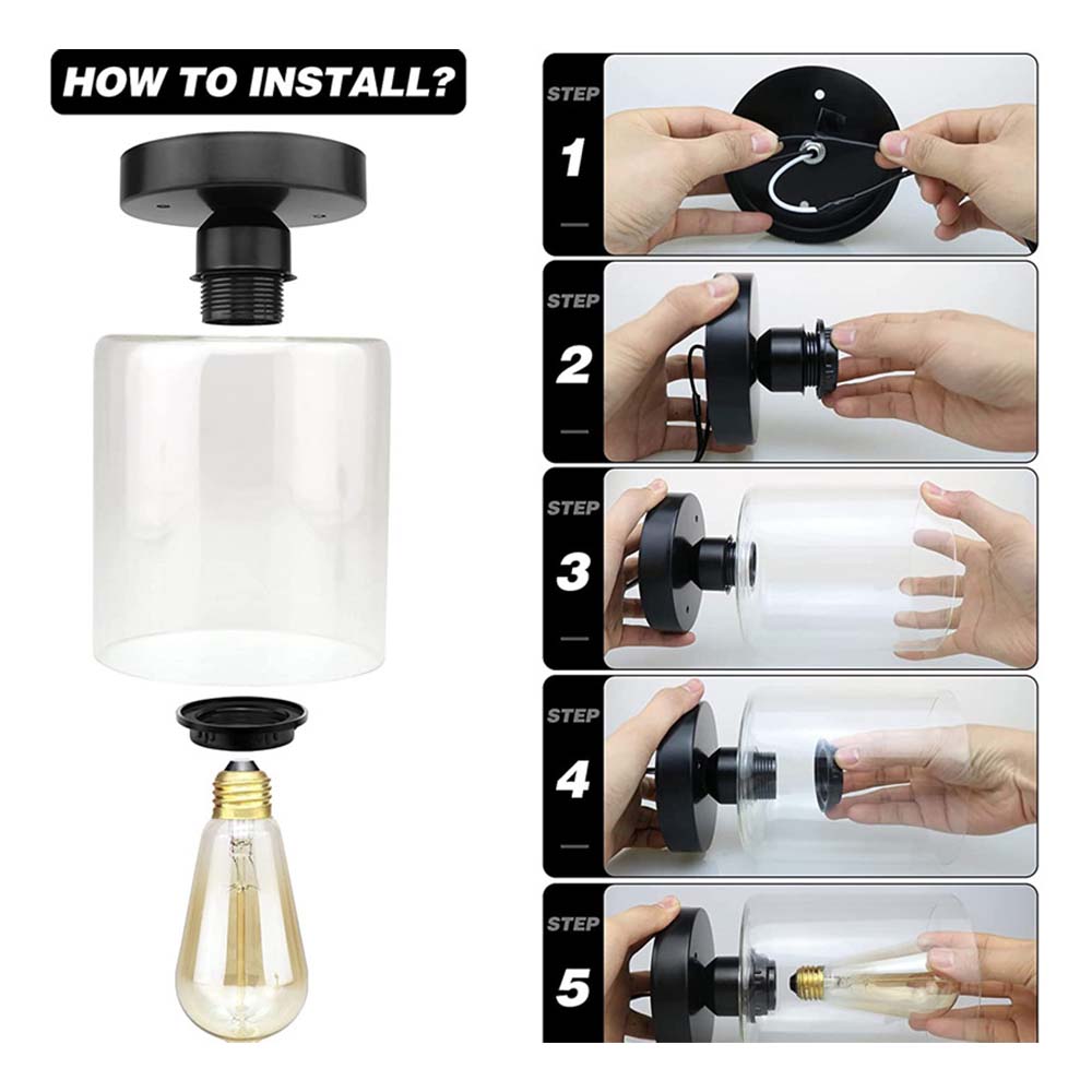 YANSUN Retro 5.51 in. 1-Light Black Vintage Semi-Flush Mount with Clear Glass Shade and No Bulb Included